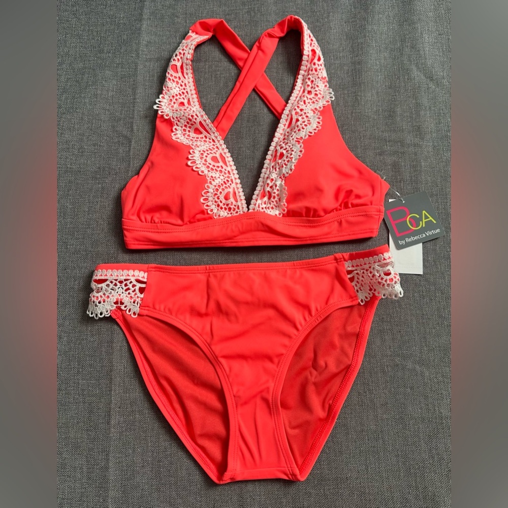 BCA by Rebecca Virtue Lace Trim Halter Bikini Top & Bottoms - Picture 3 of 12
